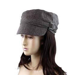 Houndstooth Print Revolutionary Cap with Jeweled Buckle Detail Brown
