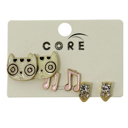 Sparkly, Dizzy Kitty, and Musical Notes Earring Studs Gold