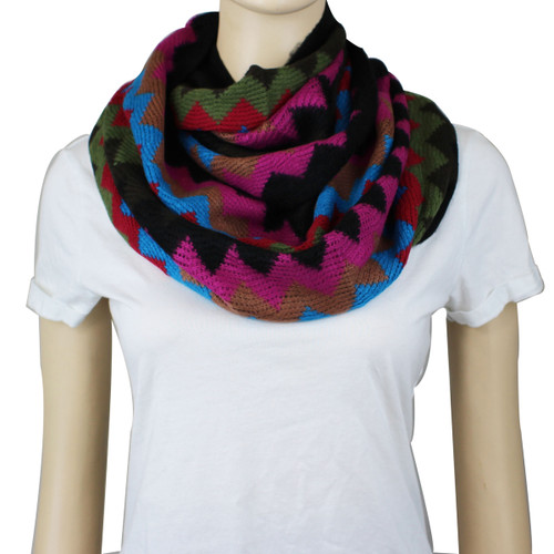Soft Thin Wave Chevron Pattern Infinity Scarf Pink, Turquoise, Black