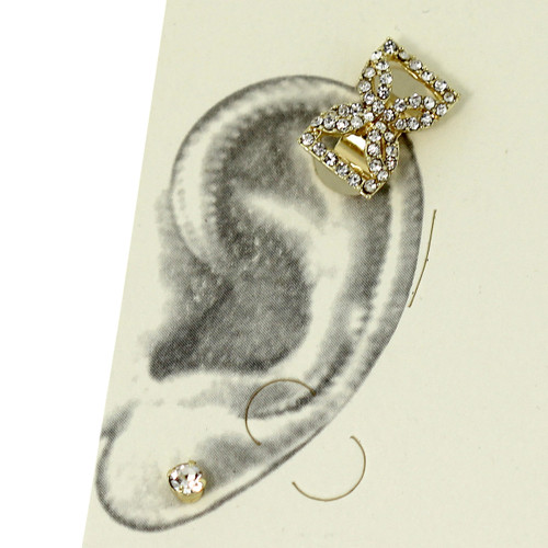 Rhinestone Bow Tie Ear Cuff Set