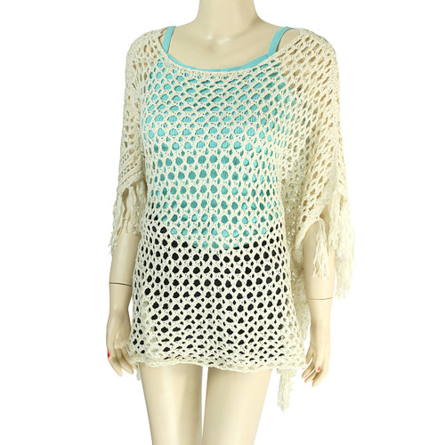 Crochet Fringe Poncho Top Beige