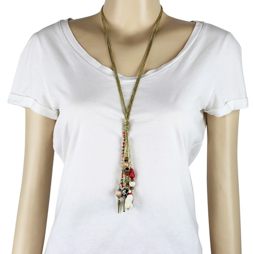 Gold Chain Tassels and Beads Long Necklace Tribal