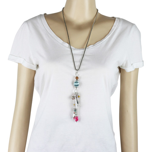 Long Necklace with Blue and Fuchsia Charms and Tassel