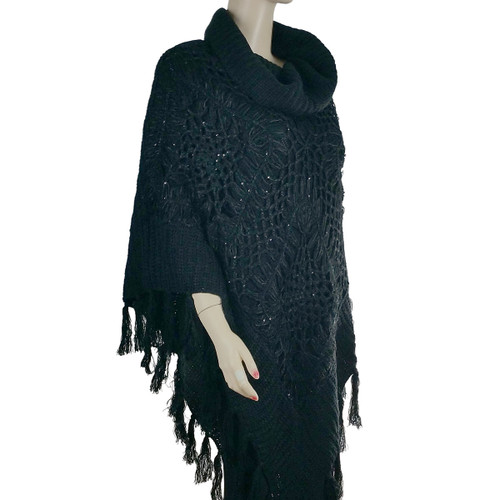 Cowl Neck Crocheted Poncho with Sequins Black