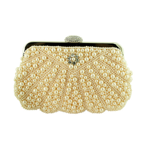 Faux Pearl Beaded Evening Purse with Crystals Peach