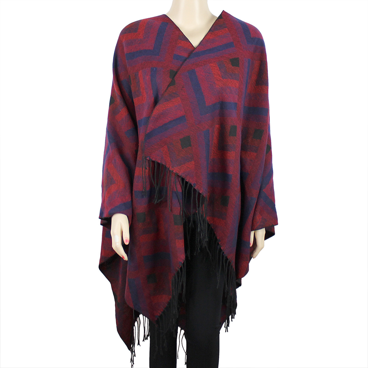 Tribal Arrows Open Front Fringed Ruana Wrap Burgundy and Navy ...