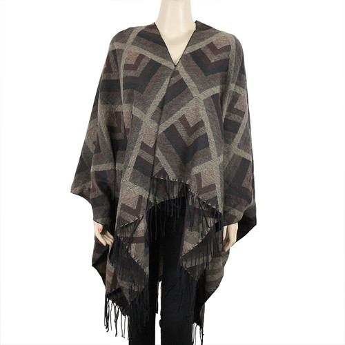 Tribal Arrows Open Front Fringed Ruana Wrap Brown and Beige