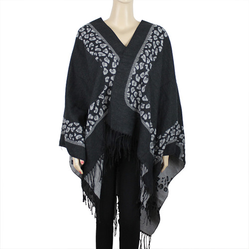 Leopard Print Two Tone Open Front Ruana Wrap Black and White