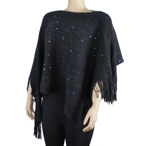 Bohemian V-Neck Sequined Tasseled Short Poncho Black