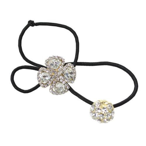 Rhinestone Flower Double Ball Ponytail Holder Gold