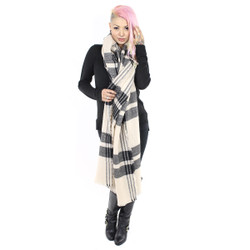 Knitted Rectangle Wide Plaid Scarf with Raw Fringe Beige