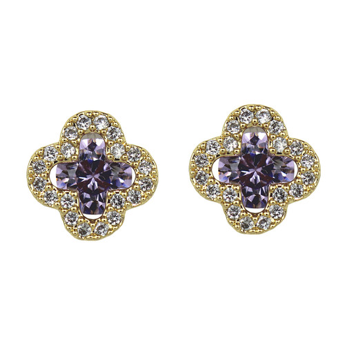 Cubic Zirconia Flower Stud Earrings Silver Post Lavender