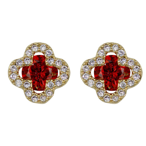 Cubic Zirconia Flower Stud Earrings Silver Post Red