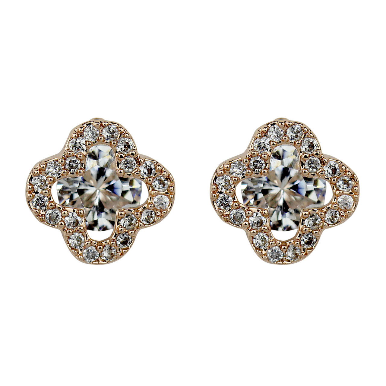 Cubic Zirconia Flower Stud Earrings Silver Post Rose Gold