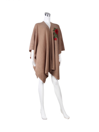 Knitted Ruana Wrap with Embroidered Flower Khaki