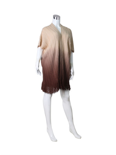 Short Sleeve Knitted Long Cardigan with Tassels Ombre Beige Brown