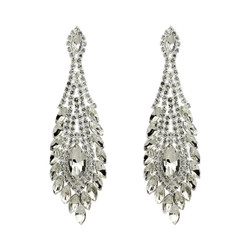 Peacock Feather Chandelier Earrings Cubic Zirconia and Rhinestones Clear