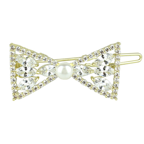 Bow and Faux Pearl Hair Clip Cubic Zirconia Gold