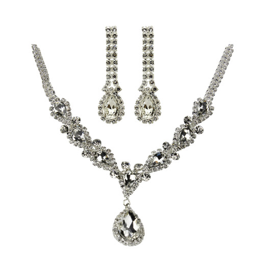Victorian Style Cubic Zirconia Necklace Earrings Set Silver