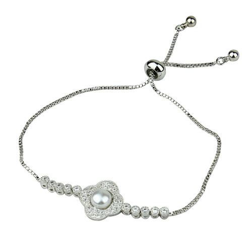 Cubic Zirconia and Faux Pearl Flower Slider Bracelet Silver