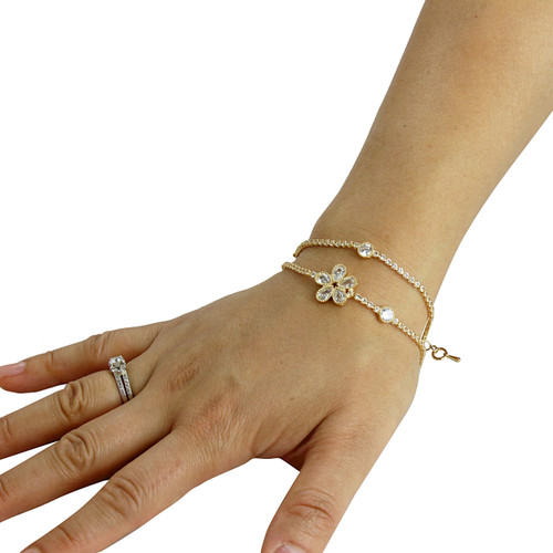 Cubic Zirconia Flower Layered Bracelet Long Chain Gold