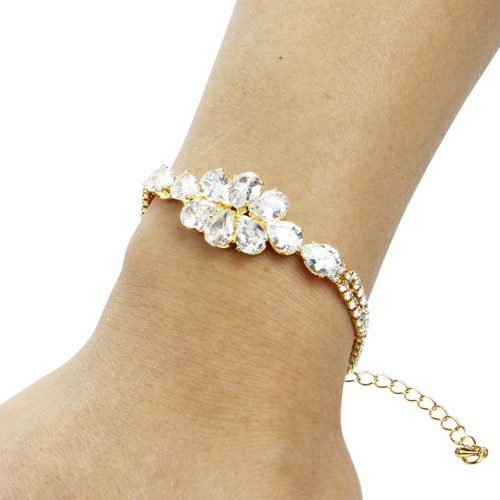 Pear-cut Cubic Zirconia Tennis Chain Bracelet Double Row Gold