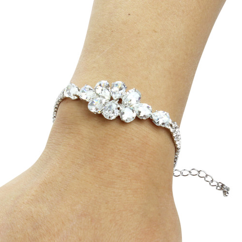 Pear-cut Cubic Zirconia Tennis Chain Bracelet Double Row Silver