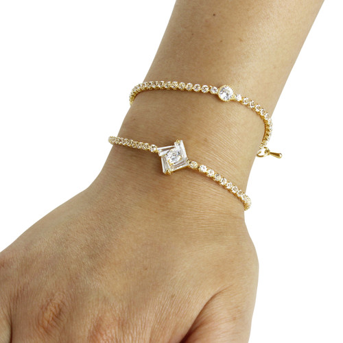 Cubic Zirconia Geometric Layered Bracelet Long Chain Gold