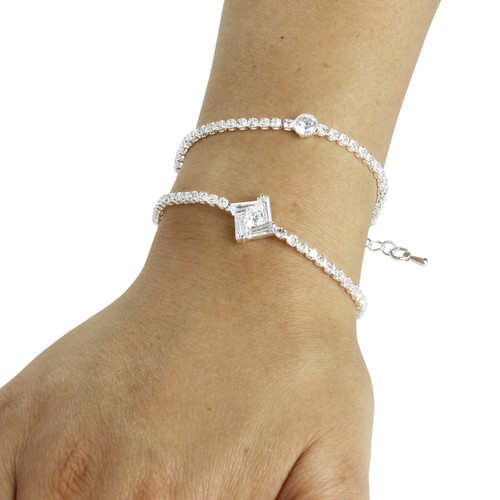 Cubic Zirconia Geometric Layered Bracelet Long Chain Silver