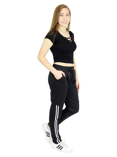 Fleece Lined Half-Stripes Sports Pants Black and White