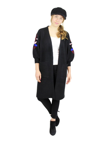 Knitted Long Cardigan Sweater Embroidered Flowers Black