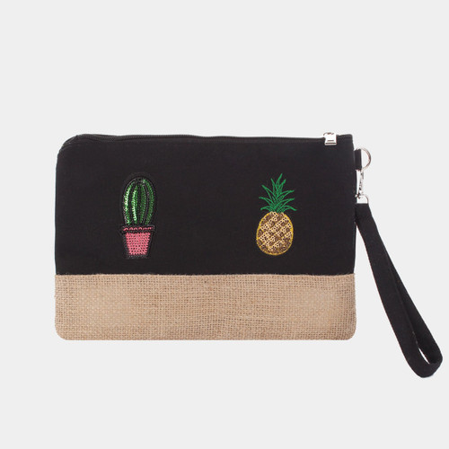 Pineapple Cactus Makeup Bag Sequined Patch Black