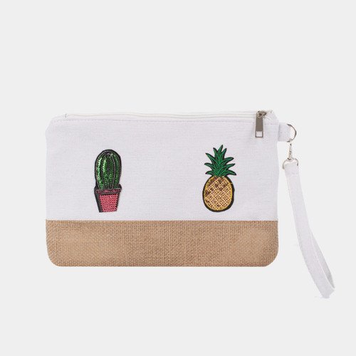 Pineapple Cactus Makeup Bag Sequined Patch White