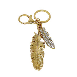 Rhinestone Feather Keychain Bag Charm Gold