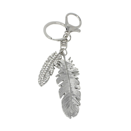 Rhinestone Feather Keychain Bag Charm Silver