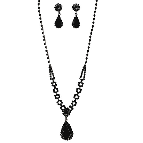 Rhinestone Teardrop Necklace Earrings Set Black