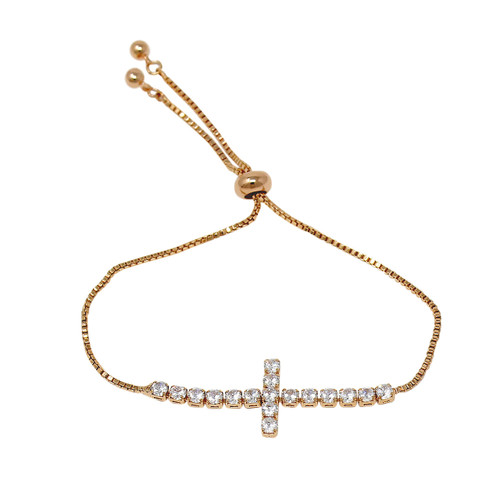 Cubic Zirconia Cross Adjustable Slider Bracelet Gold