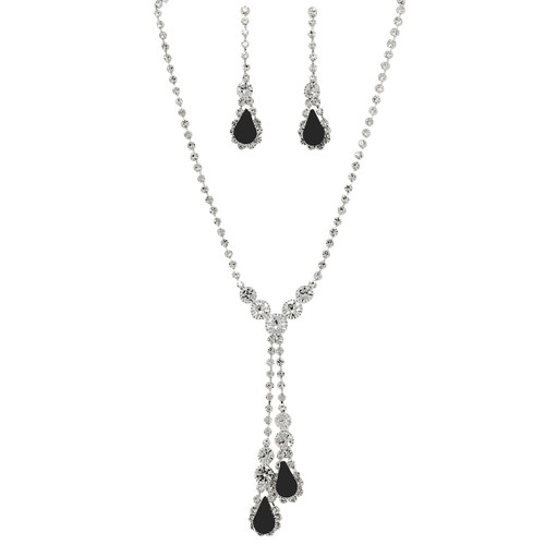 Rhinestone Double Drop Y-shape Necklace Earrings Set Black Silver Tone