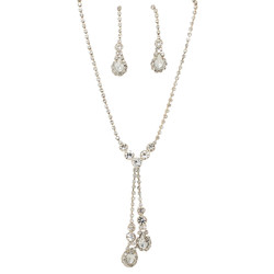 Rhinestone Double Drop Y-shape Necklace Earrings Set Gold Tone