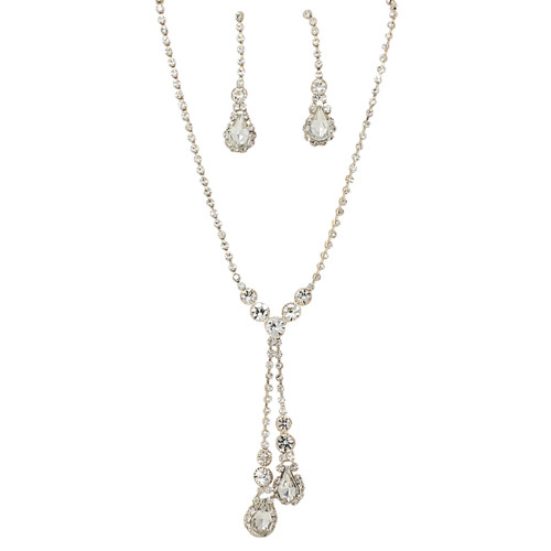 Rhinestone Double Drop Y-shape Necklace Earrings Set Gold Tone