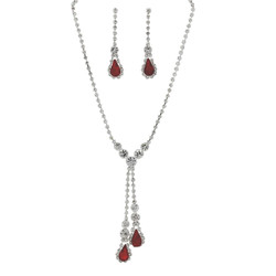 Rhinestone Double Drop Y-shape Necklace Earrings Set Red Silver Tone