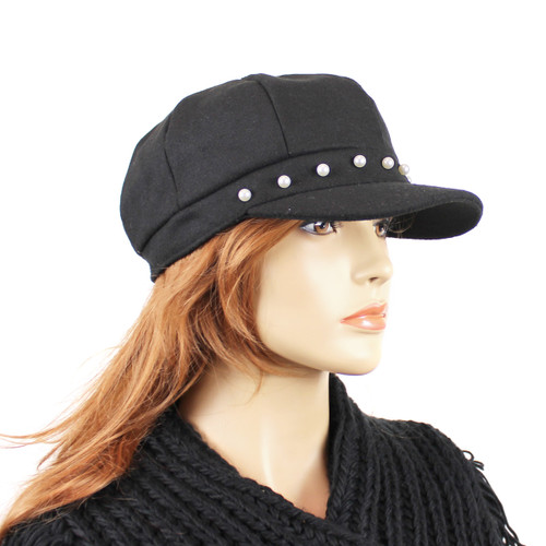 Baker Boy Sueded Cap with Faux Pearls Black
