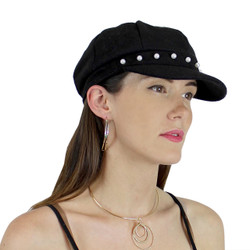 Baker Boy Sueded Cap with Faux Pearls Black