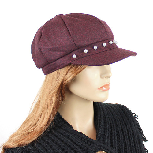 Baker Boy Sueded Cap with Faux Pearls Burgundy