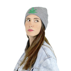 Embroidered Cannabis Leaf Knitted Beanie Hat Marijuana Weed Pot Grey