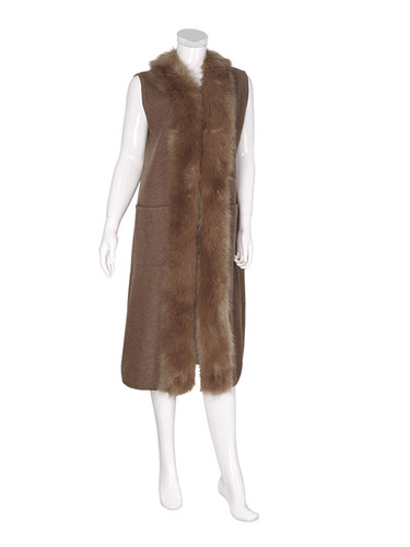 Luxurious Faux Fur Trimmed Long Vest Khaki