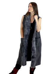 Luxurious Faux Fur Trimmed Long Vest Dark Grey