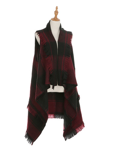 Black and Burgundy Checkered High Low Cape