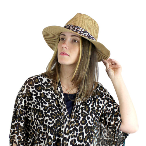 Virginy Straw Hat Leopard Print Band Khaki