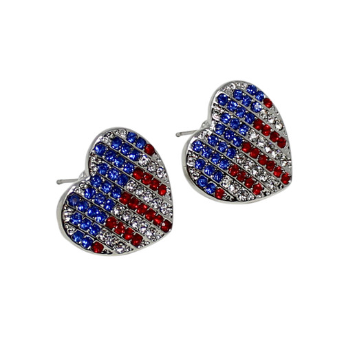 Patriotic Heart Earrings with Crystals Silver Tone